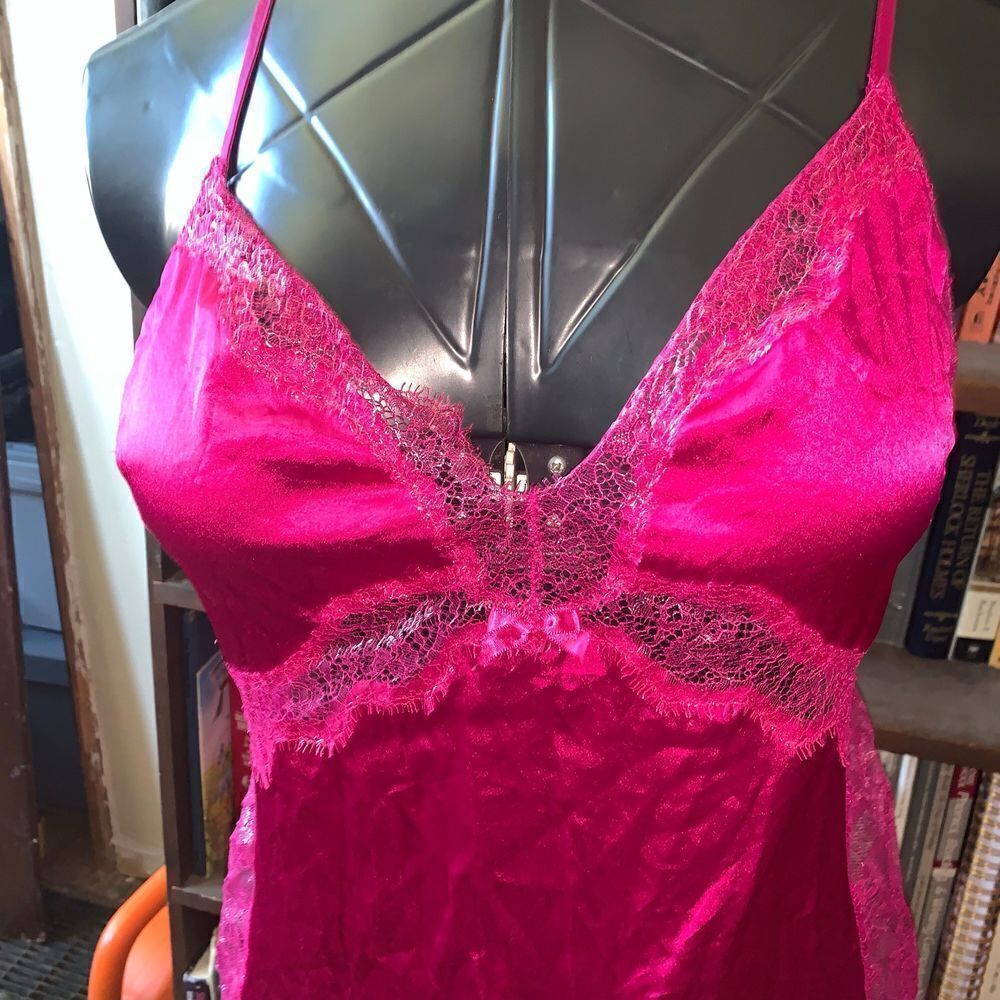 Victoria’s Secret silky lace trimmed barbiecore L shirt nightgown